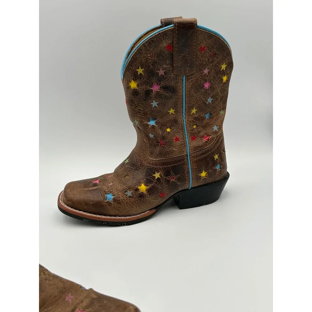 Dan Post Kids Brown Leather Star Embroidered Western Cowboy Boots Square Toe